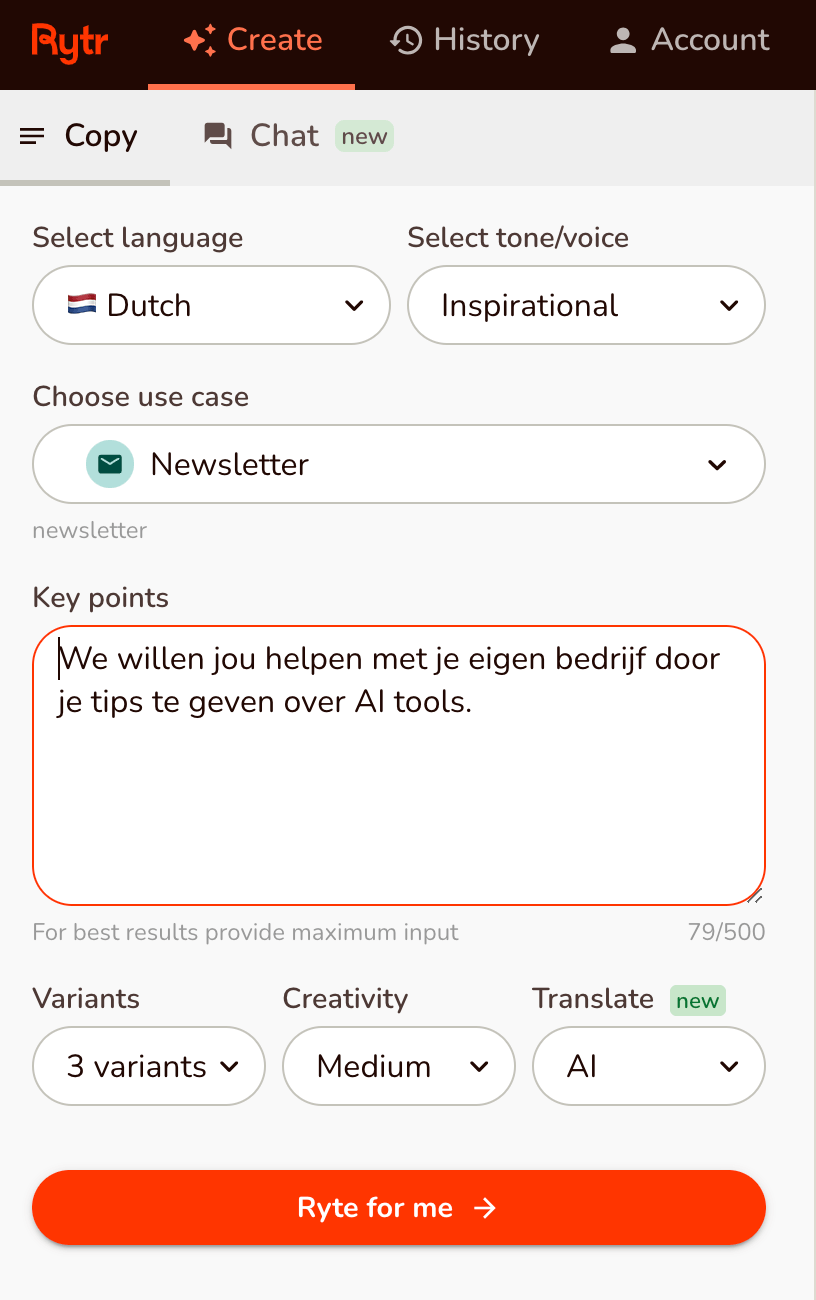 Screenshot van AI-tool Rytr om te schrijven met AI