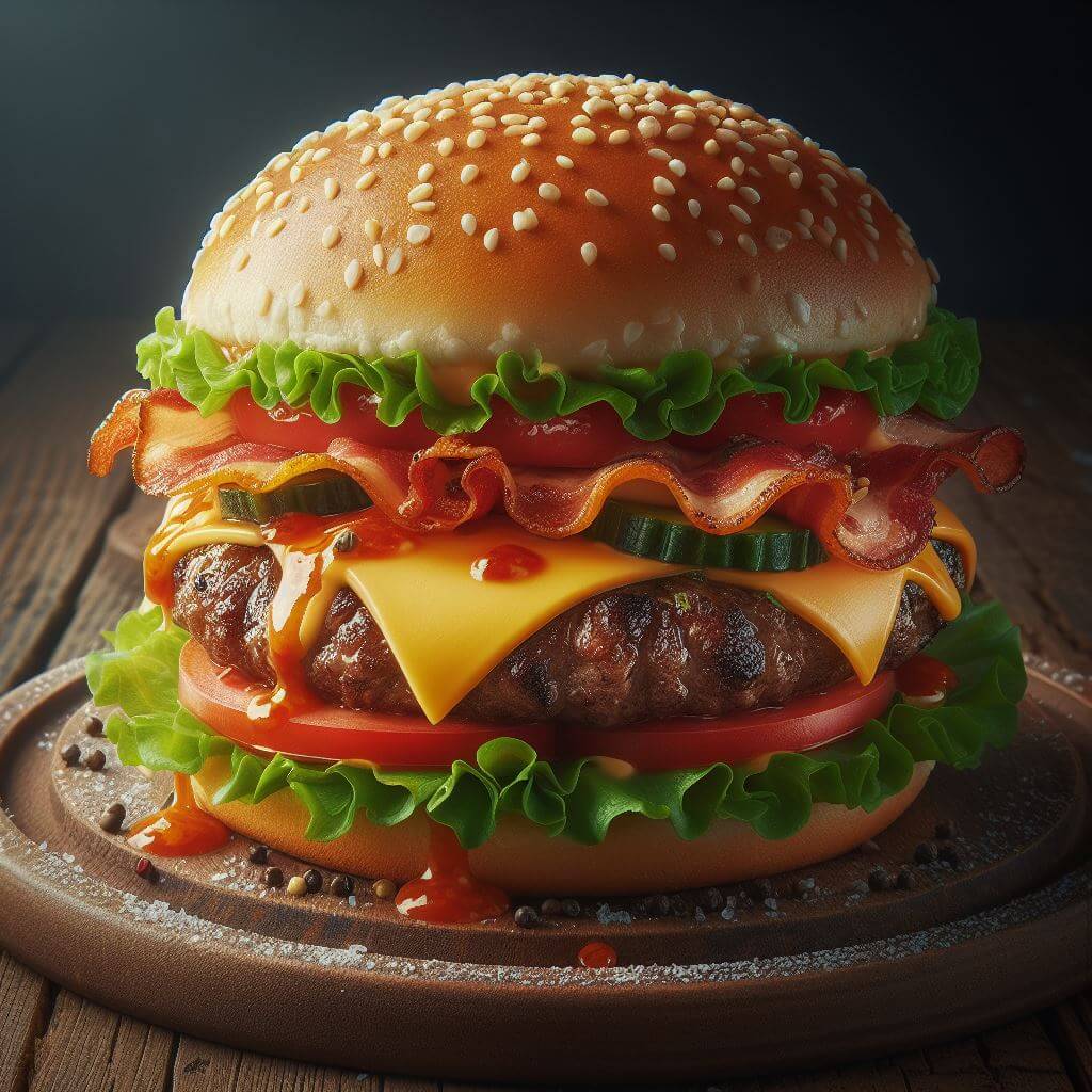 AI-afbeelding van een grote hamburger met kaas, tomaat en bacon
