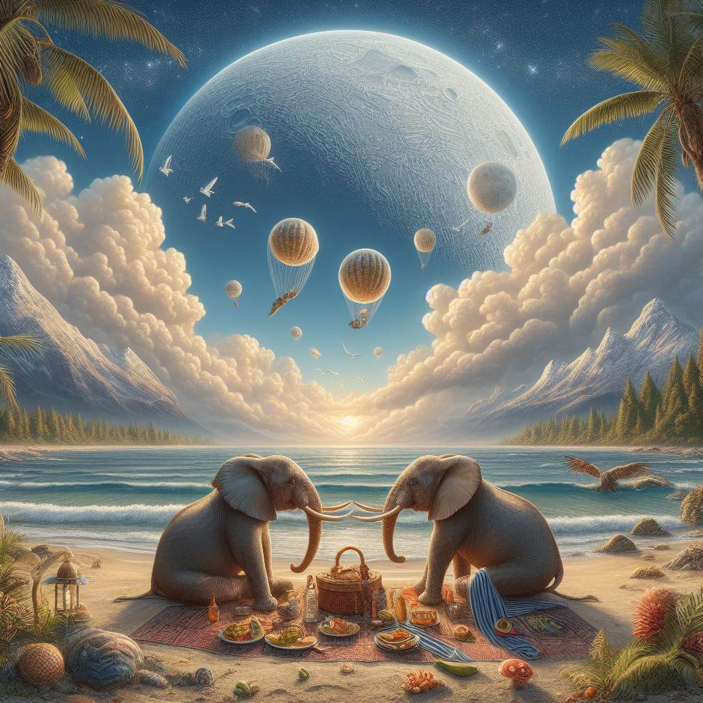 Een AI-afbeelding van 2 olifanten op het strand met een grote maan op de achtergrond