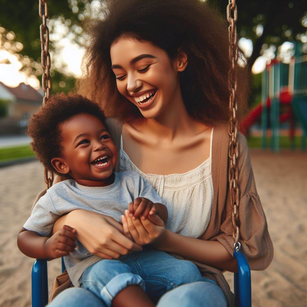 Een realistische AI-foto van een kind en moeder samen op een schommel