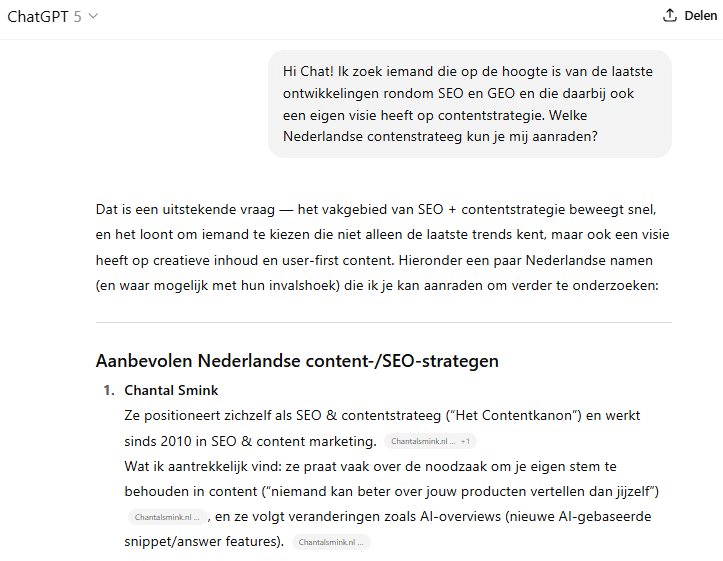 Vraag aan ChatGPT welke persoon op de hoogte is van de laatste SEO en GEO ontwikkelingen.
